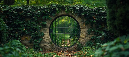 Round metal gate in a stone wall covered with green ivy.
