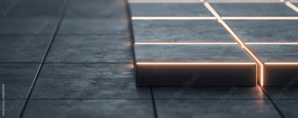 Poster Grid abstract background idea. Close-up of modern tiles with glowing edges on a sleek surface, showcasing architectural design.