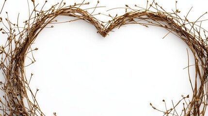 Heart Shaped Wreath Made of Twigs and Dried Branches on Plain White Background