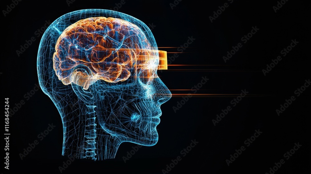 Poster futuristic human head with brain visualization and data streams in digital style