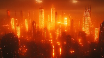 Fototapeta premium Futuristic Cityscape Illuminated In Orange Haze