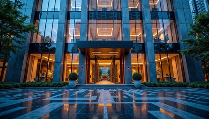 Elegant law firm building exterior view at dusk 