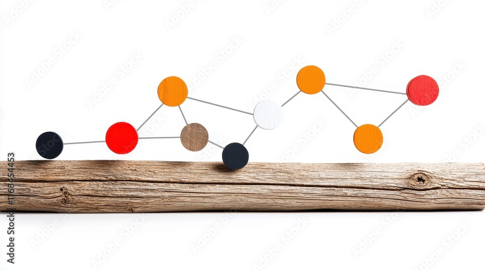 Poster abstract visualization of data trends with colorful circles on a wooden surface