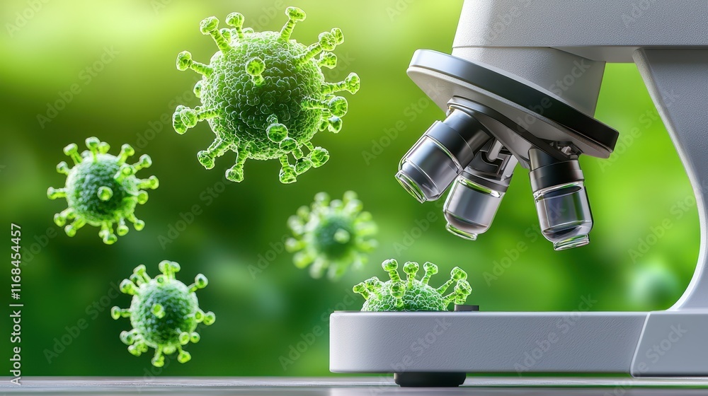 Poster microscopic view of virus particles floating near a laboratory microscope in a green environment