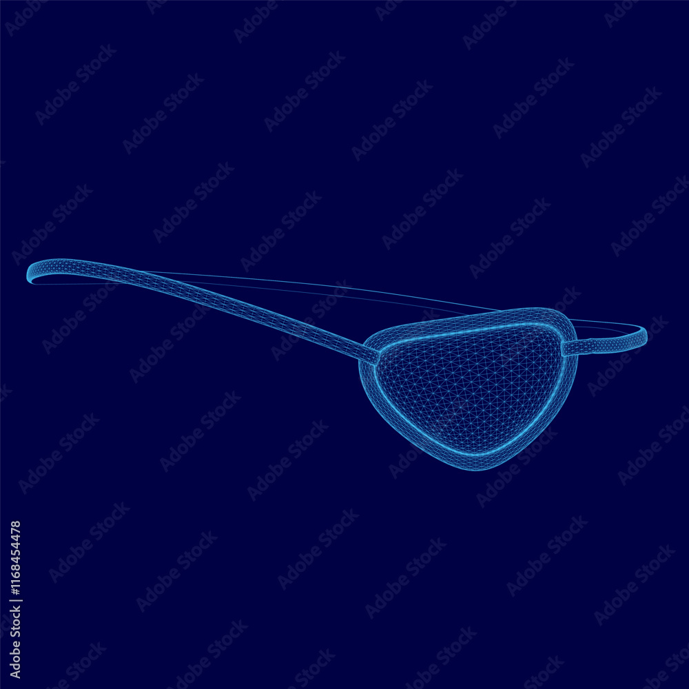 Poster blue image of a pirate's eyepatch with a blurry outline. the eyepatch is made of a mesh material and