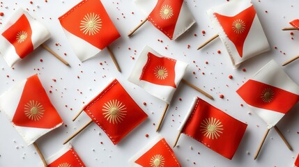Festive miniature flags arranged on white background with sprinkles.