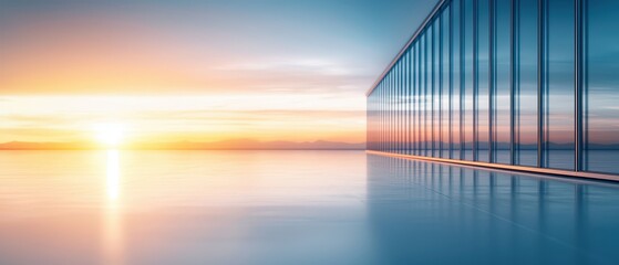 Sustainable supply chain concept. Serene sunset over calm waters with reflections and a modern bridge structure in the foreground.