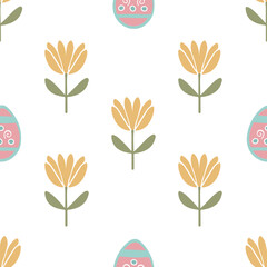 Seamless pattern with yellow tulips and Easter eggs on a white background