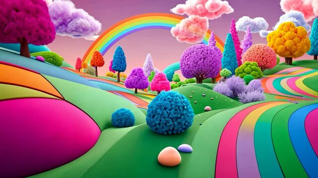 Video footage of vibrant, surreal landscape with colorful hills, rainbow paths, and whimsical trees under a sky with fluffy, multicolored clouds and a rainbow