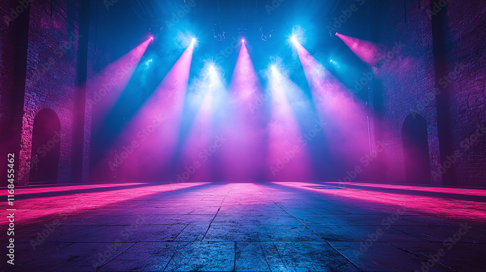 Aufkleber a scene with bright lighting effects. in the upper part of the stage there are lamps emitting multic