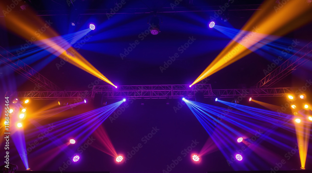 Poster a scene with a bright light show. spotlights are installed on the stage, which emit multicolored ray