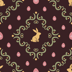 seamless pattern with rabbit and Easter eggs and curls on brown background