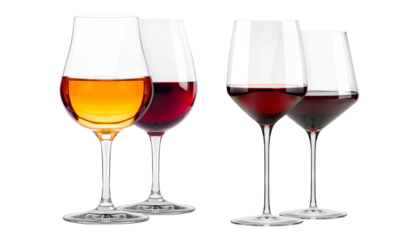 Collection of red and white wine glasses isolated on white transparent background. Rose wine splashing in glassware