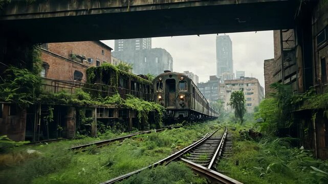 Video footage of train travels through an overgrown, abandoned urban area with dilapidated buildings and a bridge overhead, creating a post apocalyptic scene