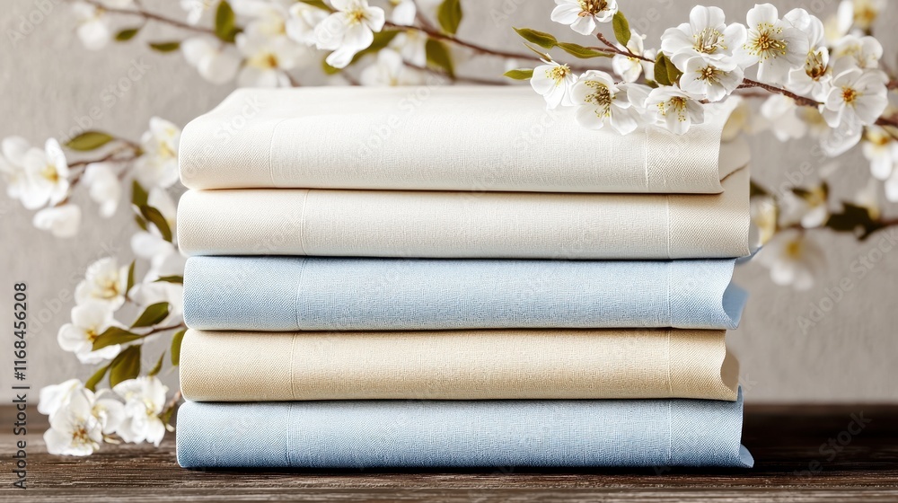Poster elegant stack of soft textiles with delicate flowers on a rustic wooden table background