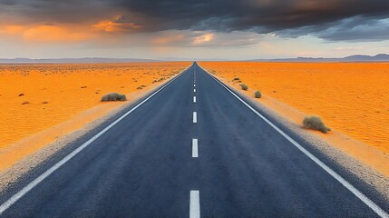 Fototapeta premium Asphalt Road Through Orange Desert Landscape Under Stormy Skies