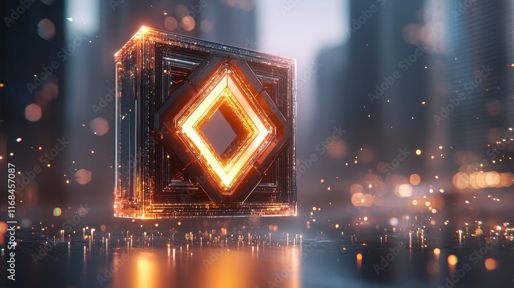 Poster futuristic glowing 3d cube with intricate design and shimmering particles in urban landscape