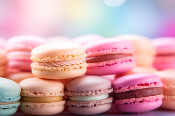 Obraz premium Colorful Assortment of French Macarons with Bokeh Background in Pastel Shades. Ai generative