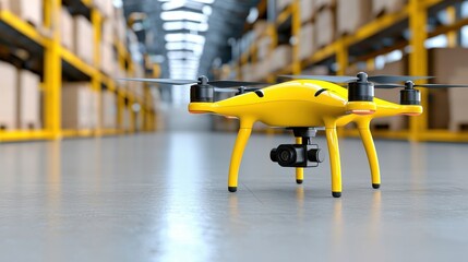 Yellow Drone on Warehouse Floor with Shelves of Boxes and Warehouse Lighting in Background