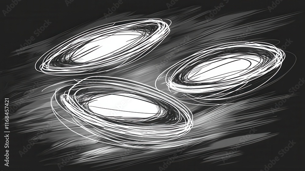 Poster abstract artwork featuring three dynamic oval shapes on dark background with energetic swirls