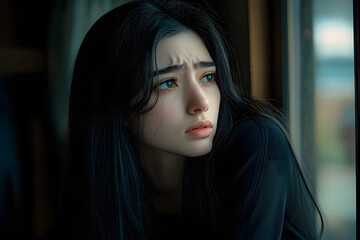 Fototapeta premium Woman with long black hair is looking out the window with a sad expression. She is wearing a black shirt and she is in a contemplative mood