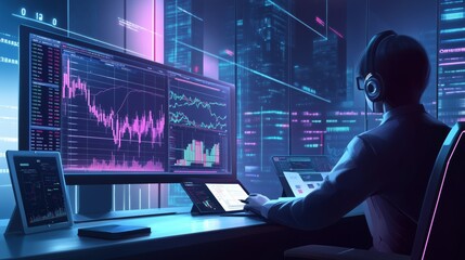 Calming Rhythms, Interactive online, Global corporation, Analyzing financial data trends modern office digital visualization tech environment close-up view data insight