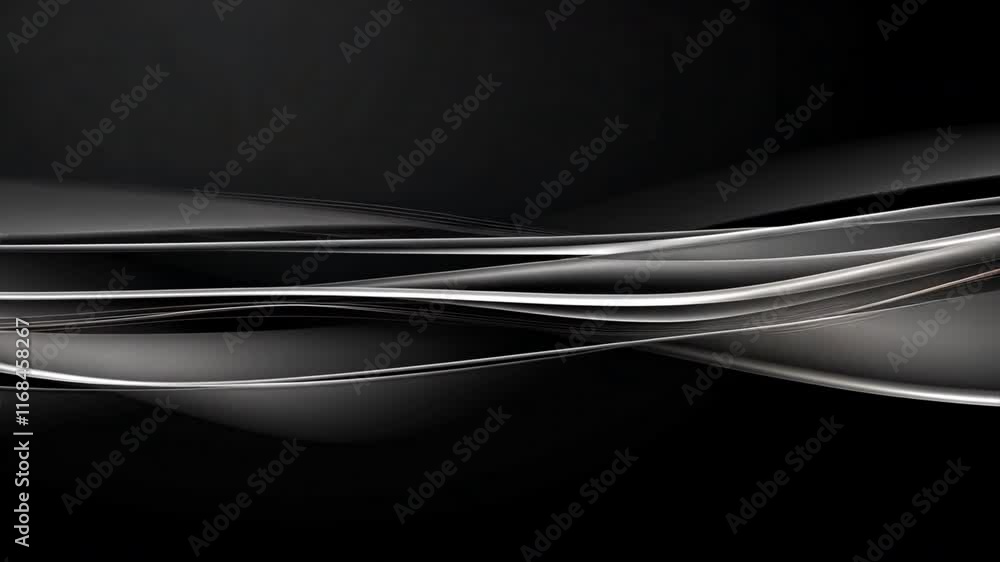 Poster elegant abstract design with smooth flowing silver lines on black background, creating modern aesthe