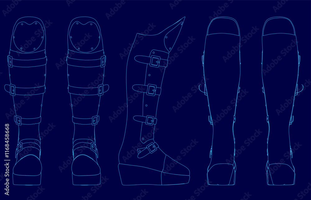 Poster the image is a series of blue drawings of boots. the drawings are of different sizes and angles, and