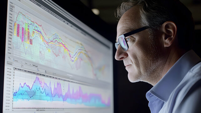 Man reviewing financial data charts on a large computer screen