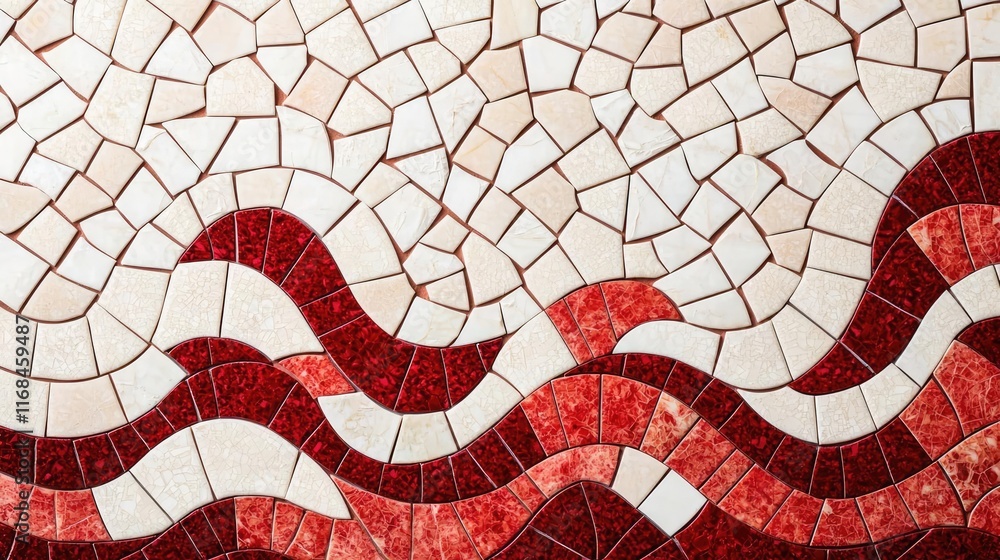 Poster Mosaic abstract background concept. Colorful mosaic art featuring wave patterns in red and white shades.