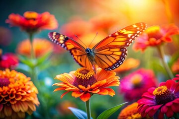 Obraz premium Bright Orange Butterfly on Colorful Flower in Sunny Garden - Tilt-Shift Photography