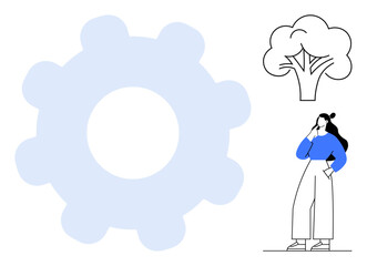 Woman in blue top, white pants pondering. Large light blue gear icon, black outlined tree. Ideal for strategy, innovation, problem-solving, eco-friendly, sustainability thinking technology