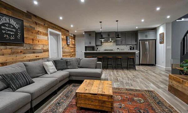 Rustic Modern Basement Living Room Design