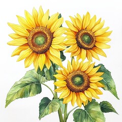 Fototapeta premium Watercolor Illustration of Three Sunflowers, Vibrant watercolor artwork of three blooming sunflowers with lush green leaves, radiating warmth and capturing nature's beauty.
