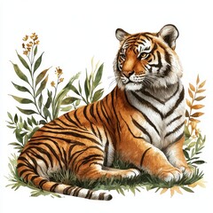 Fototapeta premium Majestic Tiger Lying Among Lush Greenery with Vibrant Flowers and Natural Elements in Artwork