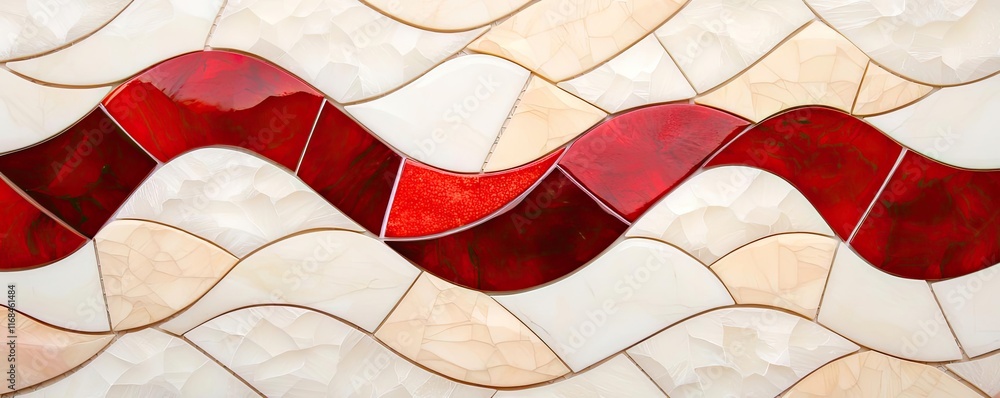 Poster Mosaic abstract background concept. Colorful mosaic pattern with flowing red waves on a tile surface for decorative design.