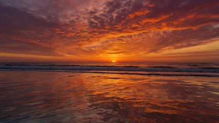 Fototapeta premium A breathtaking sunset over the ocean, with fiery shades of orange, red, and pink dominating the sky, and the water reflecting the vibrant hues like a mirror.