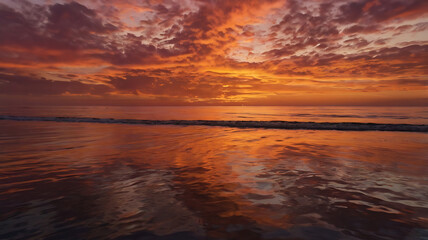 Obraz premium A breathtaking sunset over the ocean, with fiery shades of orange, red, and pink dominating the sky, and the water reflecting the vibrant hues like a mirror.