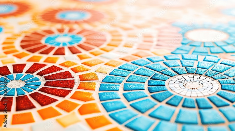 Poster mosaic abstract background concept. colorful circular mosaic pattern with vibrant blue, orange, and 