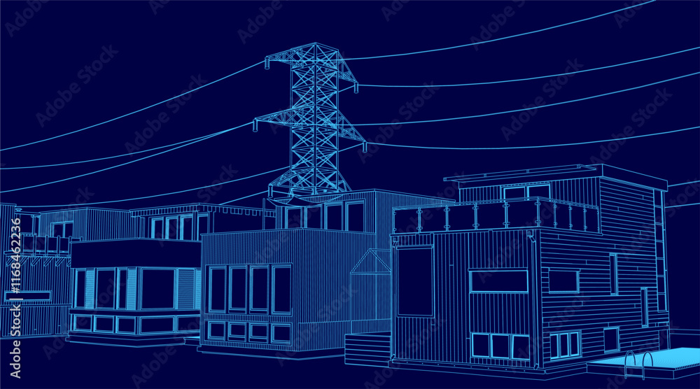 Poster blue image of a cityscape with a power line tower in the background. the image has a futuristic feel