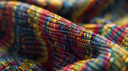 A close-up view of a colorful textile fabric featuring intricate patterns of woven threads in red, blue, yellow, and green hues. 8k UHD, suitable for high-quality printing or digital display. 