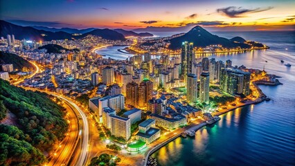Busan South Korea Night Aerial View - Cityscape Panorama, Illuminated Skyline, Candid Photography