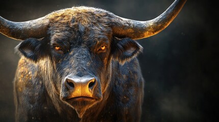 Naklejka premium Fierce bull with large horns, intense gaze.