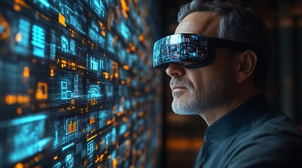 Man in VR headset viewing digital data.