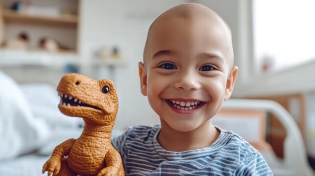 Brave little fighter: Smiling bald boy in a hospital room holding his favorite toy – a heartwarming cancer awareness concept. - Powered by Adobe