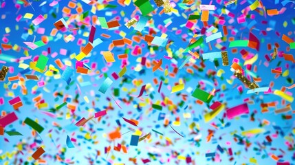 Obraz premium Colorful confetti floating around with sparkling backgrounds creating a festive atmosphere for holiday promotions. Bringing joy and excitement to attract people during the holiday season, making 