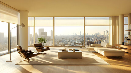 Fototapeta premium Modern Luxury Apartment Living Room Cityscape View
