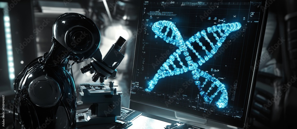 Poster robot scientist examining dna structure on screen.