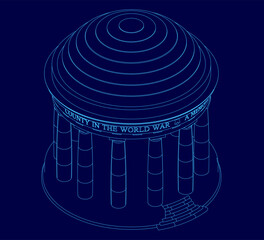 Blue drawing of a building with the words 