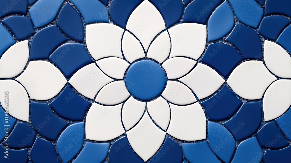Poster Mosaic abstract background concept. Intricate blue and white tile pattern featuring a floral design with symmetric shapes.
